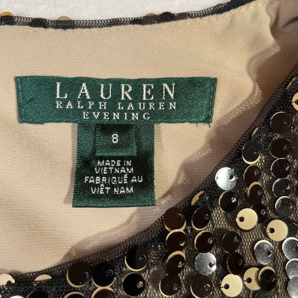 Lauren Ralph Sequins Evening Cocktail Dress Sleeveless Black Tan Gold Size 8 - Picture 15 of 16